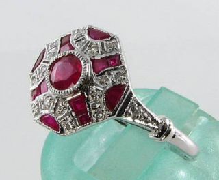 CLASS 9K 9CT WHITE GOLD INDIAN RUBY DIAMOND ART DECO INS RING RESIZE 2