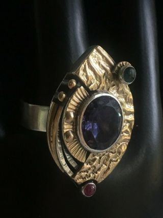 Rare Fine Signed Modernist Artisan Rishar Sterling 14k Amethyst Ring