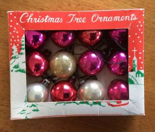 Vintage 60’s Christmas Tree Ornaments Box Of 12 Small Glass Balls Japan & Poland
