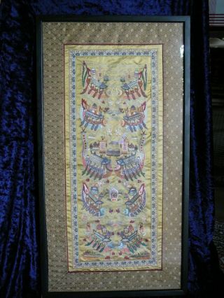 Antique Chinese Silk Embroidered Textile Tapestry,  Rowing Boat Parade,  Framed.