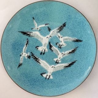 Signed Annemarie Davidson Enamel Copper Plate Bowl Mid Century Modern Seagulls