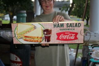 Vintage C.  1960 Coca Cola Ham Sandwich Fishtail W/ Metal Kay Frame 26 " Sign