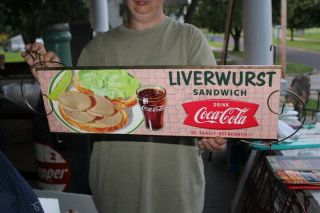Vintage C1960 Coca Cola Liverwurst Sandwich Fishtail W/ Metal Kay Frame 26 " Sign