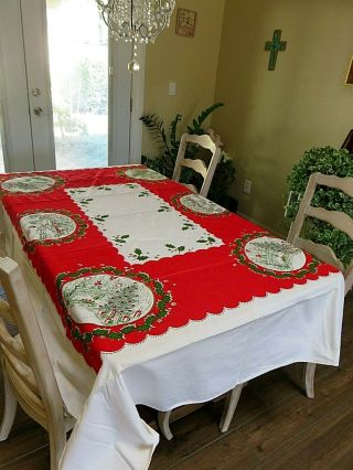 Vintage Christmas Tablecloth Cotton Red White Green Rectangular 58 " X 84 "