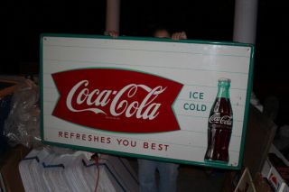 Large Vintage C.  1960 Coca Cola Fishtail Soda Pop Gas Station 56 " Metal Sign