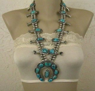 Old Pawn Navajo Sterling Morenci Pyrite Turquoise Squash Blossom Necklace 276g
