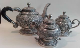 Antique Vintage Indian / Burmese Low Grade Silver 3 Piece Tea Set / Teapot.