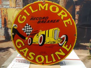 Old Vintage 1939 Gilmore Gasoline Record Breaker Porcelain Enamel Gas Pump Sign