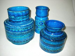 Set Of Three Aldo Londi Rimini Blue Vases Bitossi Italy Mid Century Design