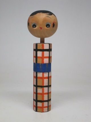Vintage 1960s Kokeshi Japanese Wood Doll 4.  5 " Plaid Kimono Painted Cute Face