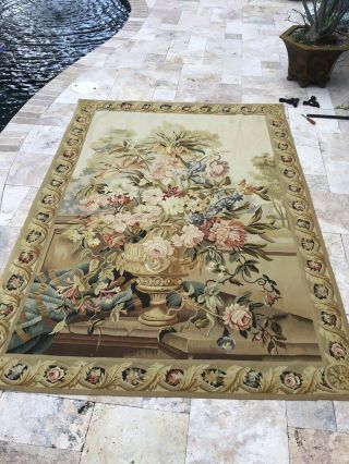 Vintage Large Floral Aubusson Handwoven Tapestry 6 Ft By 9 Ft