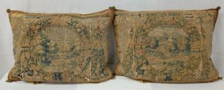 2 Early 17th 18th C.  Antique Tapestry Fragment Embroidered Needlepoint Pillows