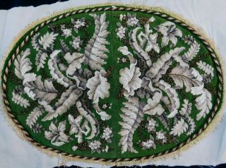 B) Antique Victorian Bead Work And Tapestry Panel,  Bead Work Leaves / Ferns