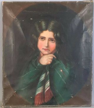 Antique 19thc Old Victorian Era Young Lady Portrait Girl & Winter Shawl Painting