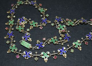 Vtg Austrian Hungarian Sterling Silver Enamel Ruby Emerald Pearl Necklace