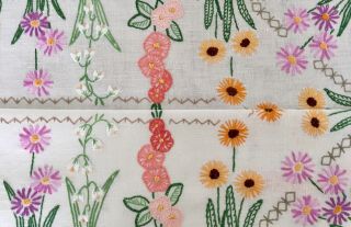 Vintage Hand Embroidered Large Linen Tablecloth English Garden Flowers Snowdrops