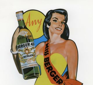 Miss Berger 45 Amy 1950 ' s Pin Up Tin Die Cut Sign Vintage Liquor Advertising 2