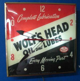 Vintage Pam Lighted Advertising WOLF ' S HEAD OIL & LUBES Clock 2