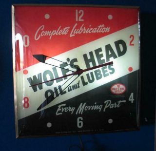 Vintage Pam Lighted Advertising WOLF ' S HEAD OIL & LUBES Clock 3