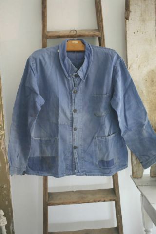 Vintage French Bleu De Travail Jacket Work Wear Moleskine Worn Patched C1930