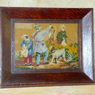 Victorian Late 19th Century Rare Woolwork And Plushwork Of Hunters With Dog