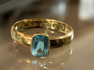 Antique Victorian 18ct Gold Ring With Aqua Coloured Stone Size M Scottish 1882