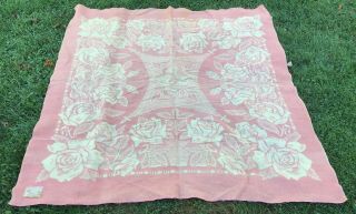 1930’s 40’s Vintage Orr Health Wool Blanket 74 X 80 Rose Decoration Pink & Cream