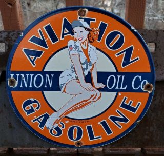 Old Vintage 1959 Union Oil Co.  Aviation Gasoline Porcelain Gas Pump Sign Flight