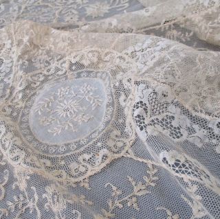 Antique Ecru French Normandy Lace Bed Cover 102 " X 69 " Embroidered Flowers