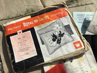 Antique Vtg Royal Society Embroidery Dogs 194 Pillow Kit Scottie Sunshine Fun