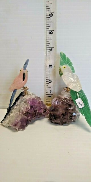 Hand - carved Brazilian STONE BIRDS Figurine made from amethyst and various other 2