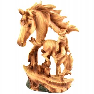 Faux Wood Western Cowboy Rodeo Cowboy On Bucking Bronco Horse Bust Figurine