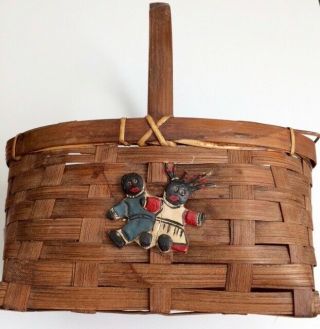 Black Americana Collectible Splint Basket Decorated With A Little Boy & Girl