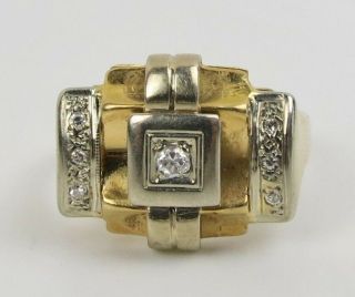 Vtg Estate French Art Deco 18k White Yellow Gold Diamond Ring & Vtg Box Size 8