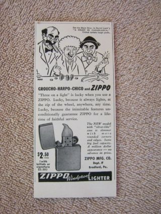 Vintage 1946 Zippo Windproof Cigarette Lighters Marx Brothers Print Ad