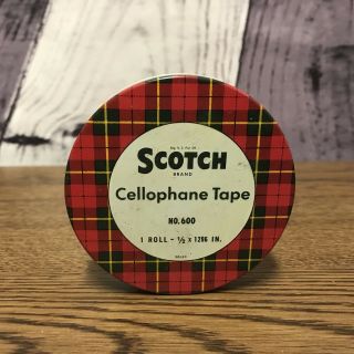 Scotch Brand Cellophane Tape Tin Red Plaid Metal Container Vintage