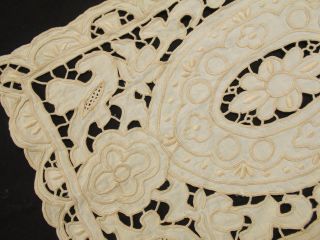 Set Of 8 Vintage Antique Madeira Heavy Hand Embroidered Cut Work Linen Placemats