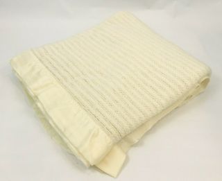 Blanket Vintage Acrylic Satin Trim Ivory Waffle Weave Throw 78 " X 88 "
