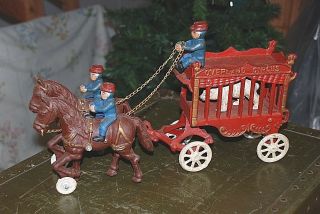 Vintage Kenton Style Cast Iron Toy Overland Circus Wagon Polar Bear Horses Men