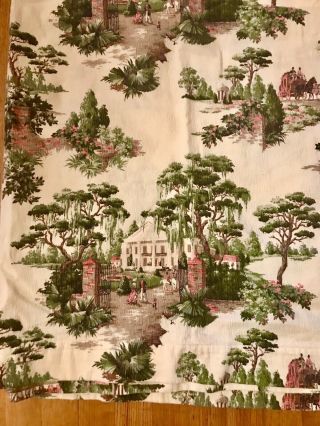 Vintage Barkcloth Curtain Panel Ivory Green Pink Brown Plantation Trees People