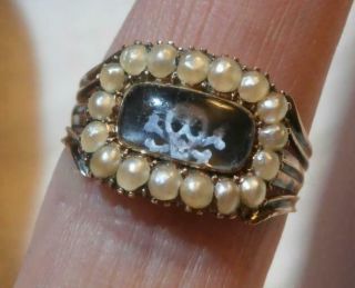 Unusual Georgian Gold Mourning Ring With Memento Mori Skull & Seed Pearls