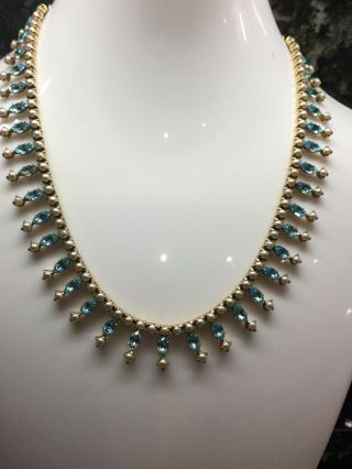 Vintage 18ct Blue Topaz And Pearl Fringe Necklace Set In Solid Gold