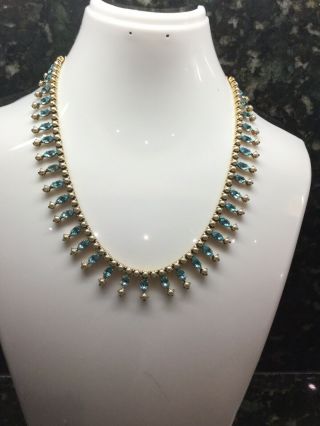 Vintage 18ct Blue Topaz And Pearl Fringe Necklace Set In solid Gold 2