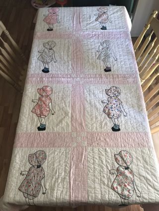 Vintage Hand Quilted,  Hand Appliqued & Embroidered Sunbonnet Sue Quilt 86x67 2