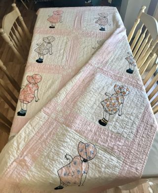 Vintage Hand Quilted,  Hand Appliqued & Embroidered Sunbonnet Sue Quilt 86x67 3