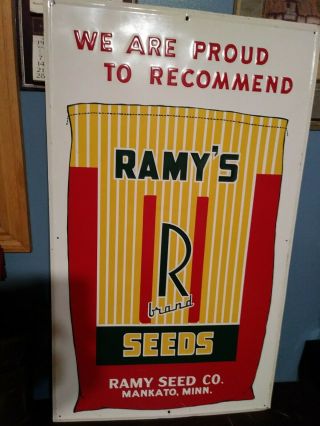 Vintage Ramy Seed Feed Corn Sign Metal Farm Rare Embossed & Debossed Museum