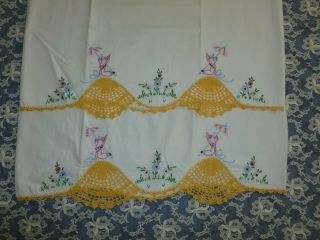 Pair Southern Belle Pillowcases Hand Embroidery Crochet Lace Crinoline Lady - Vtg