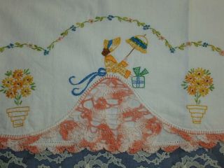 Pair Vtg Southern Belle Pillowcases Hand Embroidery Crochet Lace Crinoline Lady