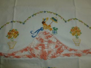 Pair VTG Southern Belle Pillowcases Hand Embroidery Crochet Lace Crinoline Lady 2