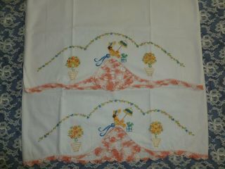 Pair VTG Southern Belle Pillowcases Hand Embroidery Crochet Lace Crinoline Lady 3